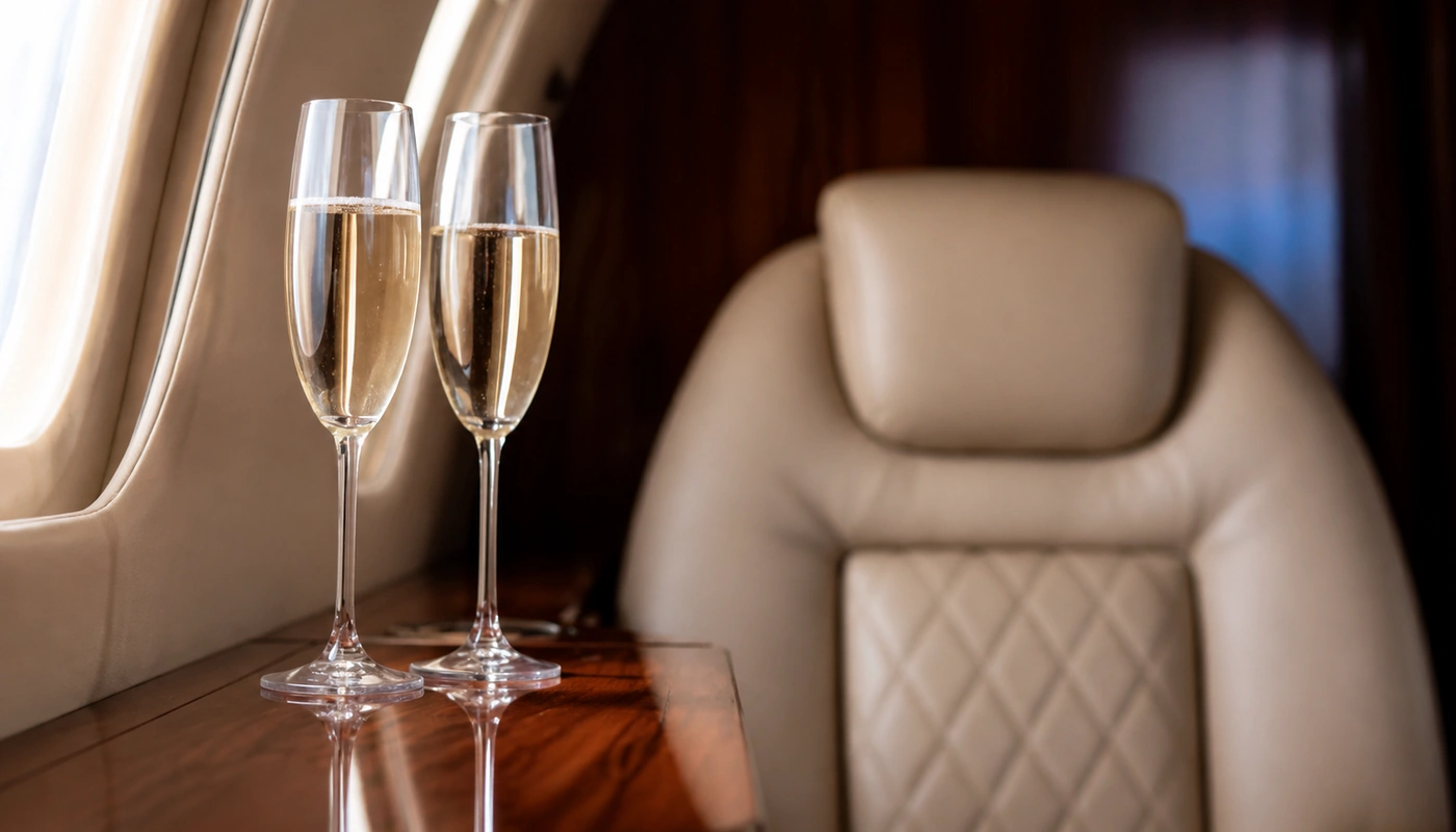 Champagne served beside a private jet cabin seat