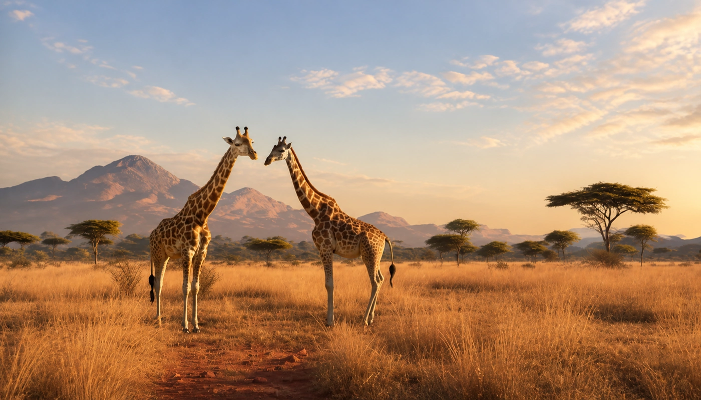 Two giraffes in golden savannah grassland