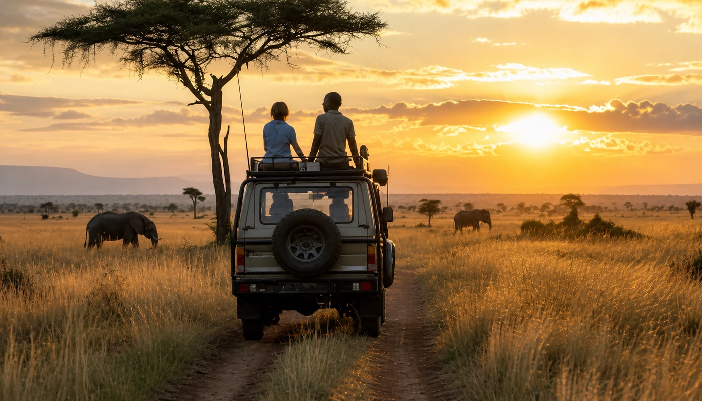 Safari game drive at sunset