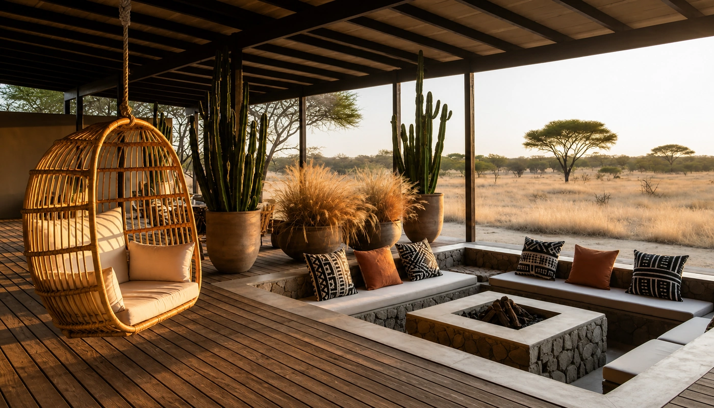 Safari lodge deck with hanging chair and sunken firepit lounge
