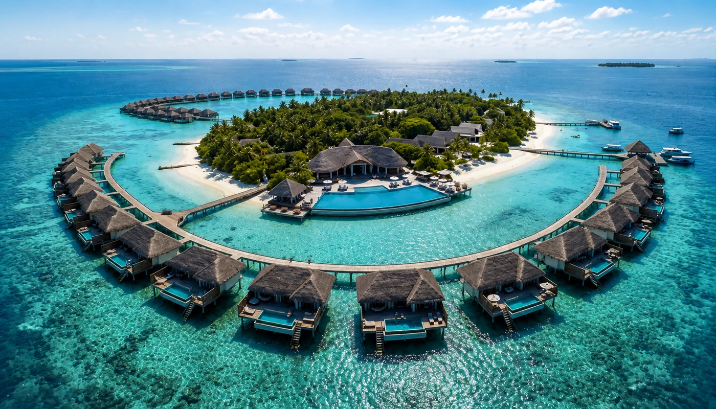 Aerial view of a Maldivian resort island ringed by overwater villas