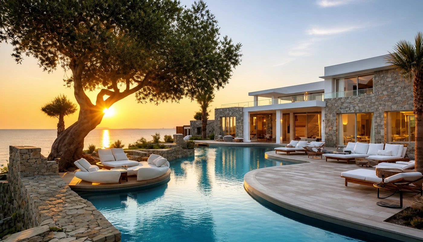 Mediterranean stone villa with a curved pool at sunset