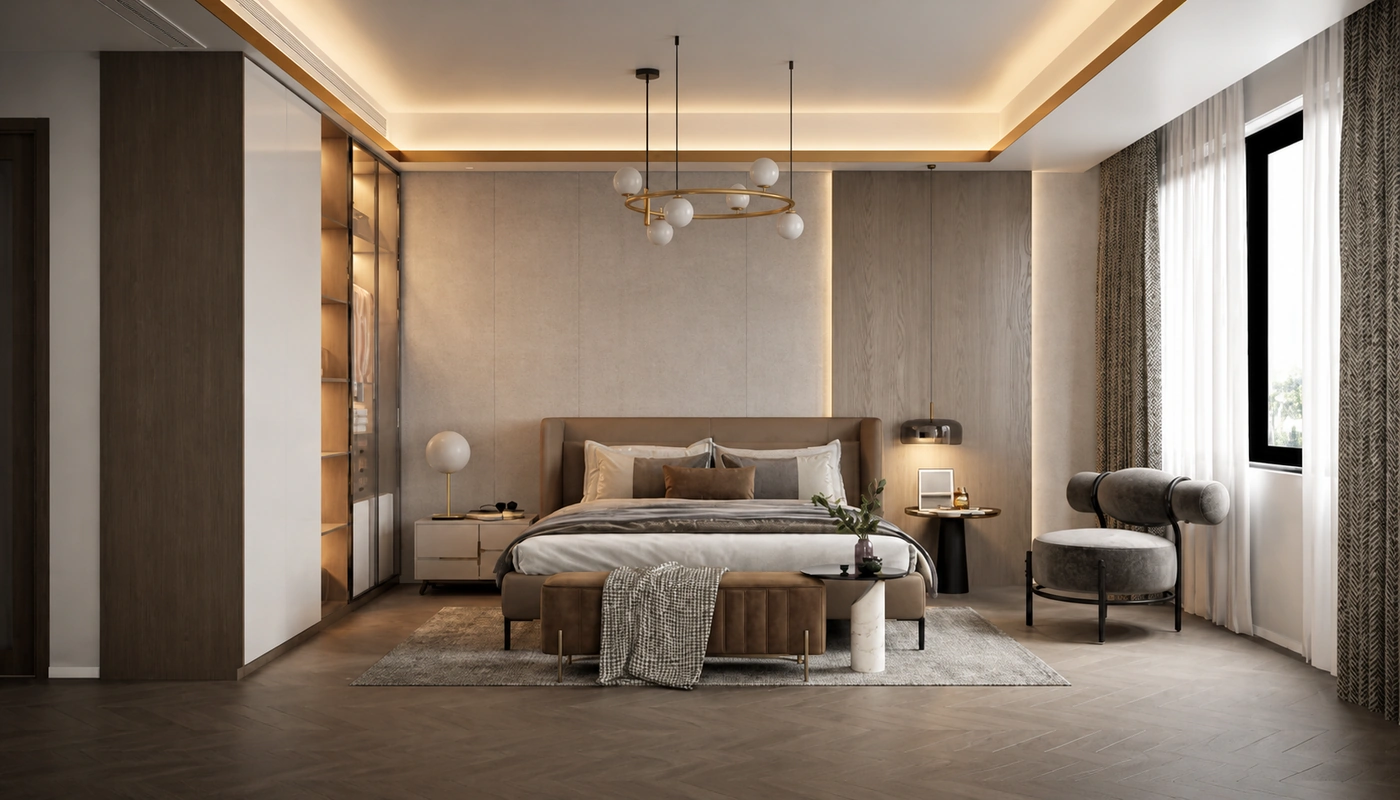 Modern hotel suite bedroom in neutral tones