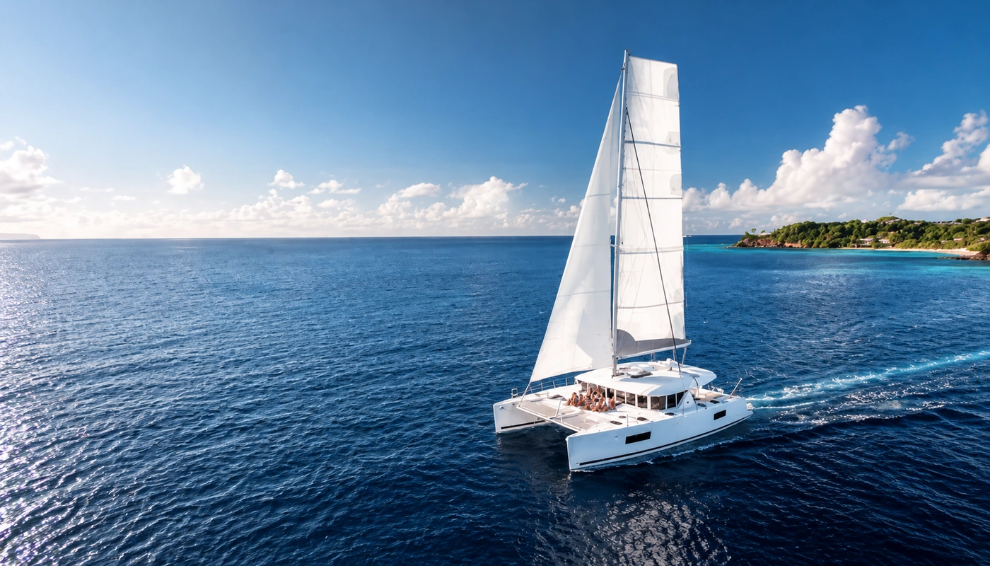 Sailing catamaran under sail off a green coastline