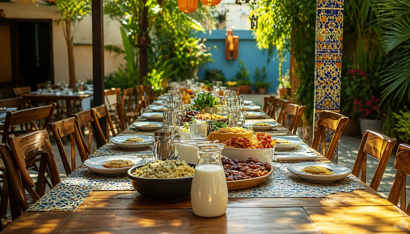 Long table laid for a family meal in a leafy courtyard
