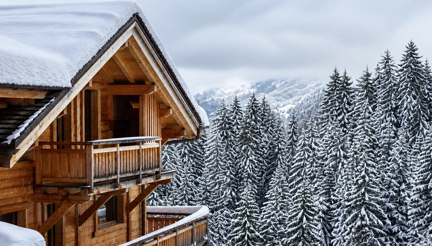 Wooden alpine chalet among snow-covered pines