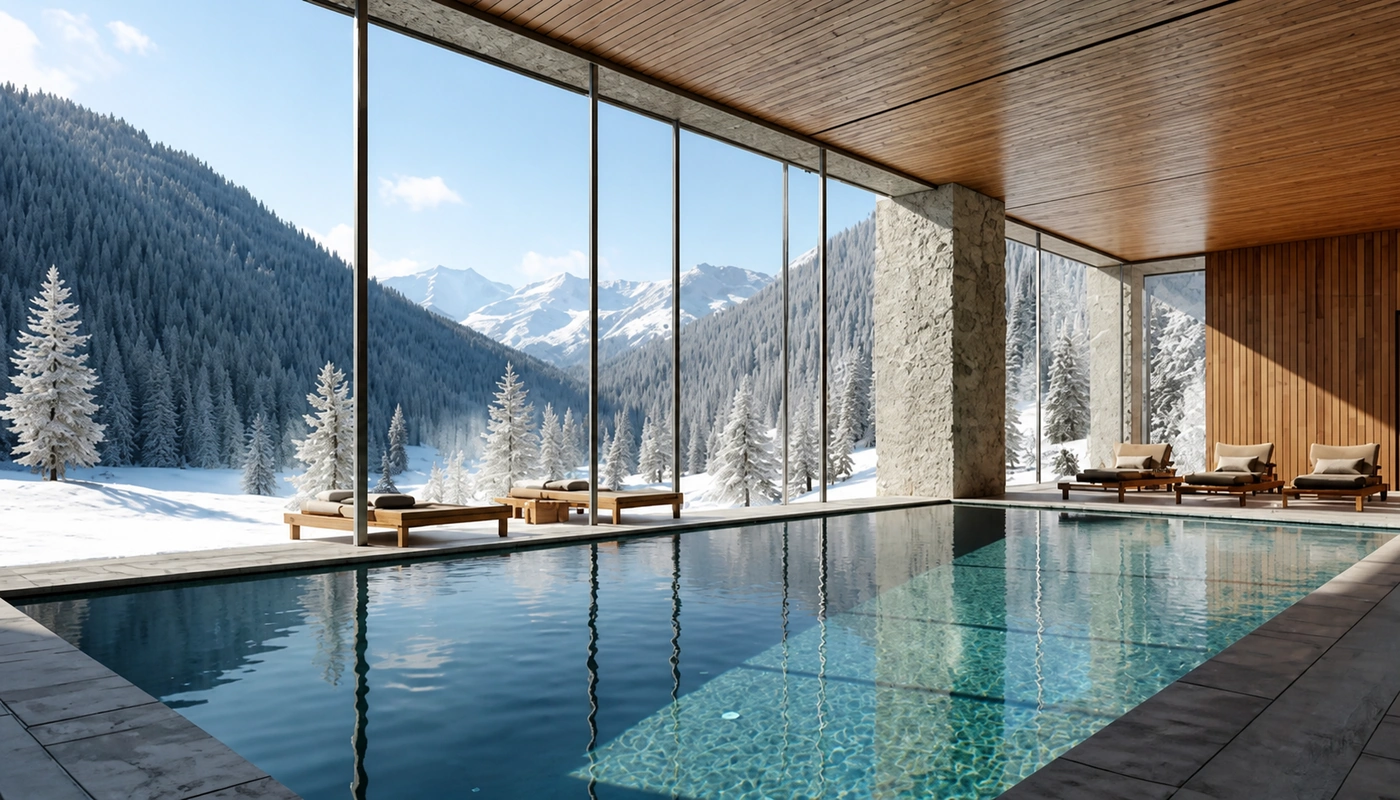 Indoor spa pool with windows onto a snowy alpine forest