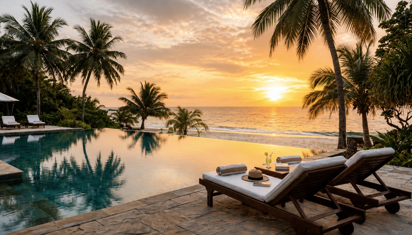 Palm-lined infinity pool at sunset by the sea