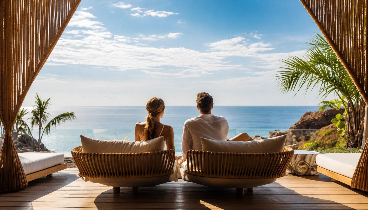 Couple on a villa deck looking out to the sea