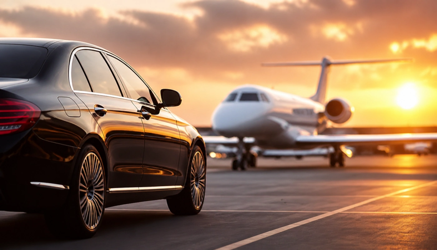 Chauffeur car waiting beside a private jet at sunset