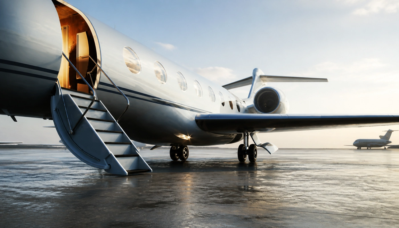 Private jet on the apron with its airstair door open