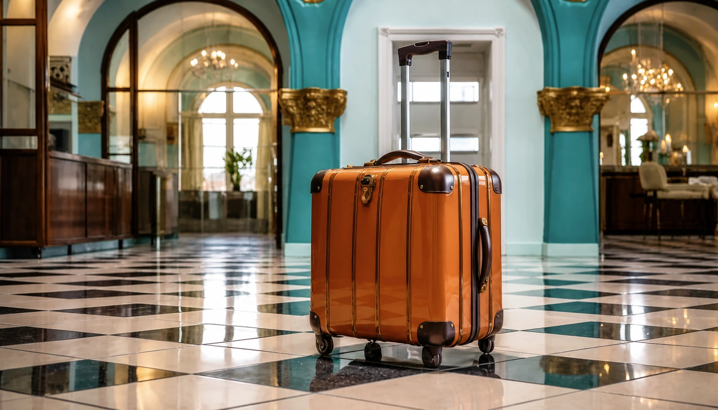 Suitcase standing in a grand hotel lobby