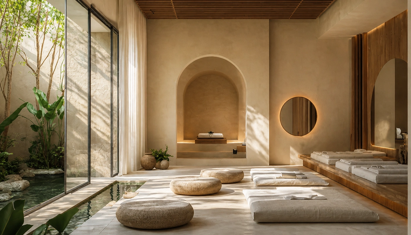 Minimalist spa treatment room opening onto a garden